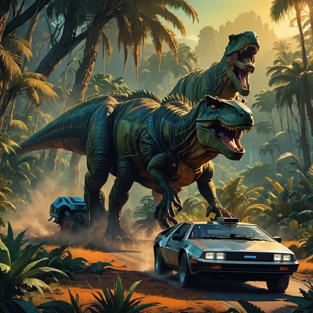 DeLorean and T-Rex in Prehistoric Landscape