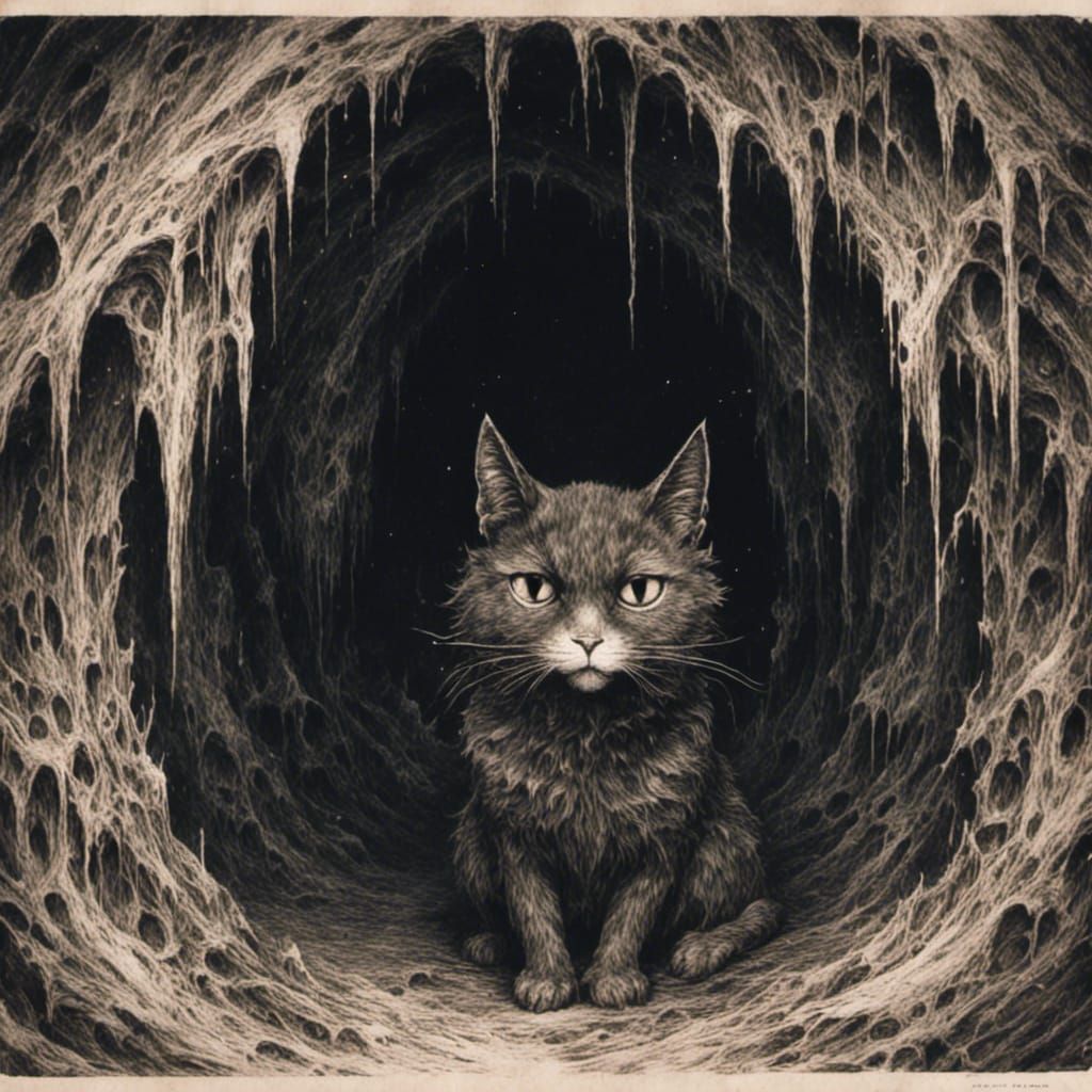 Macabre Witch in Dark Cave with Cat