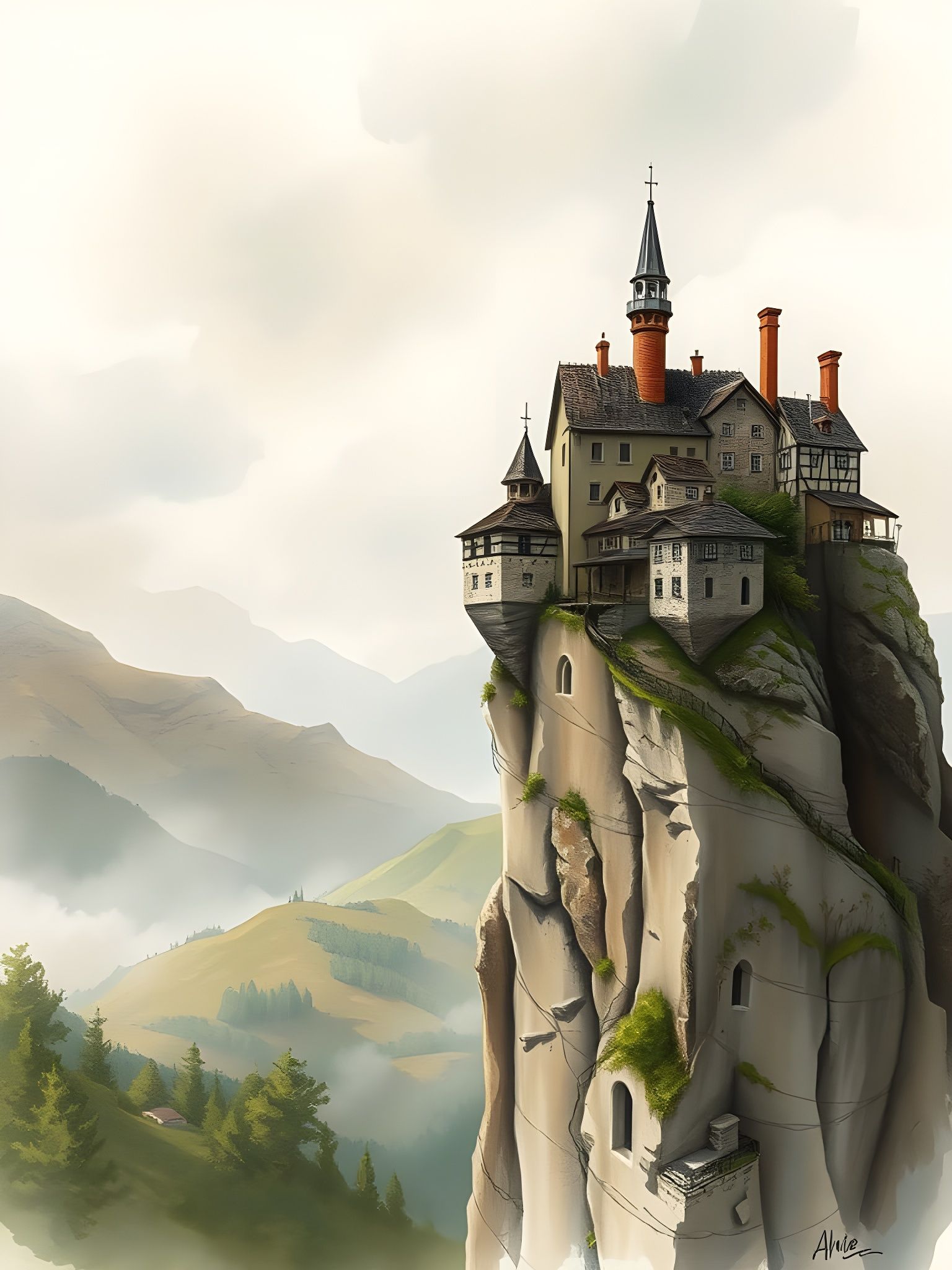 Enchanted Cliffside Village by Moonlight