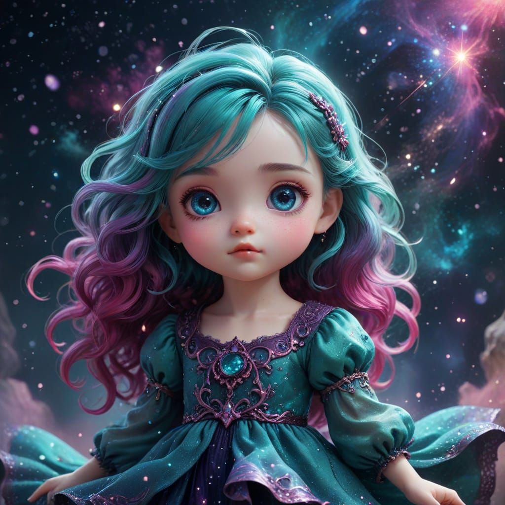 Chibi Girl Overlooking Nebula in Painterly Style