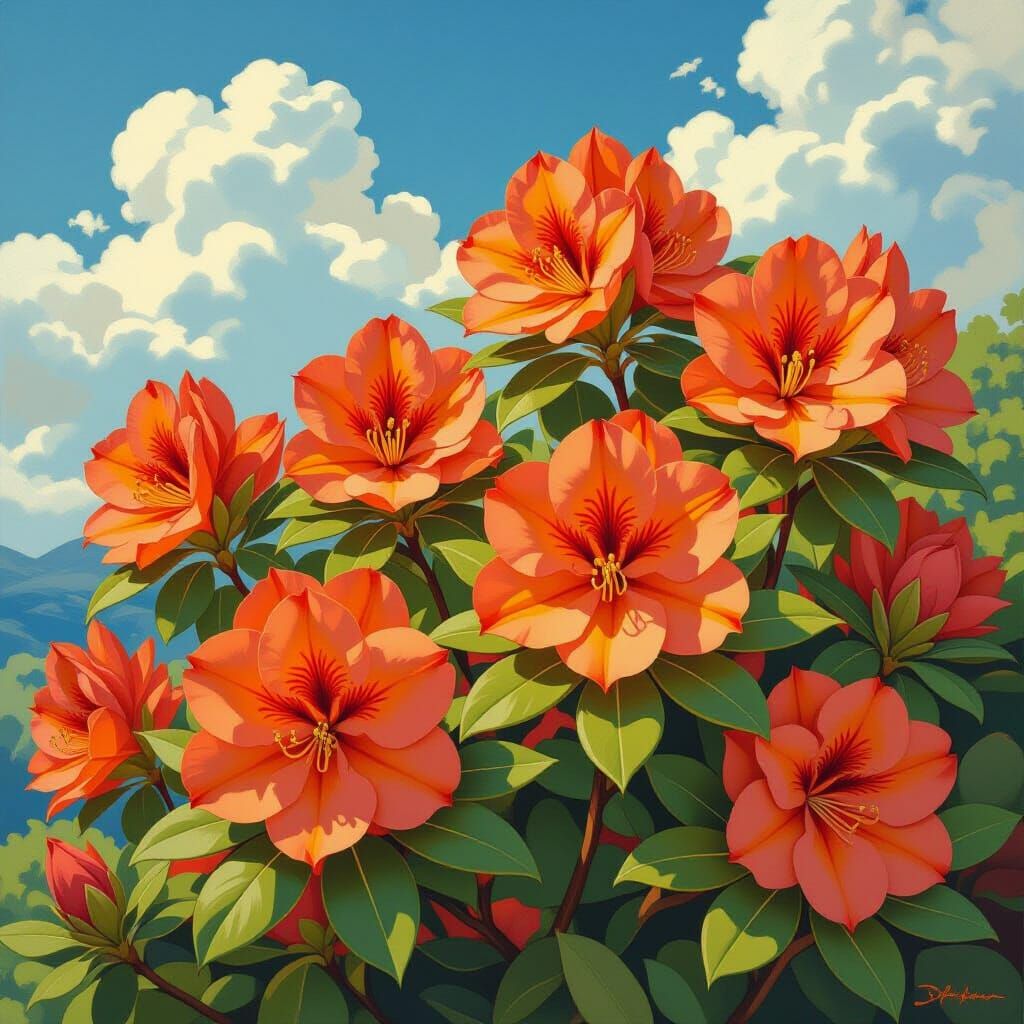 Rhododendrons Bloom in Watercolor Sky