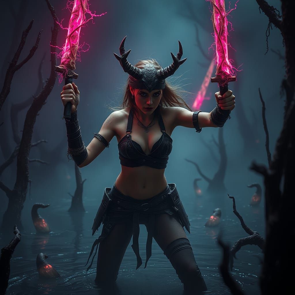 Warrior Woman Battles Mold Folk in Mystical Swamp