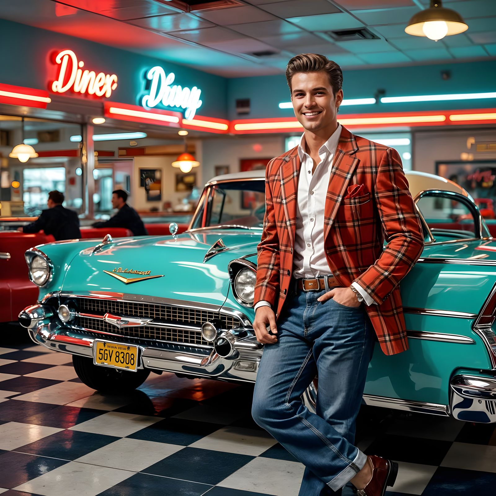 Retro Diner Scene with Man and 1957 Chevy Bel Air