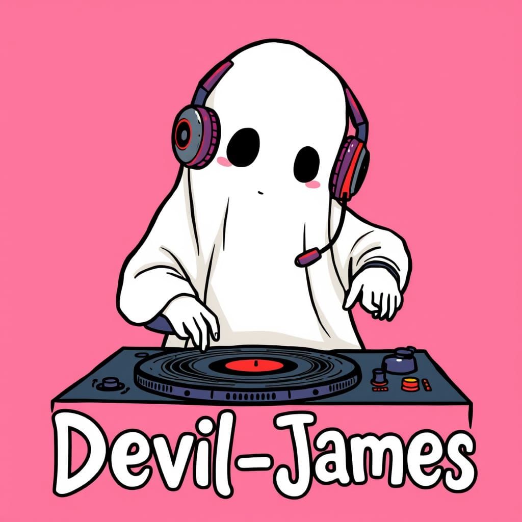 Cute Ghost DJ Spinning Tracks in Pop Surrealism Style