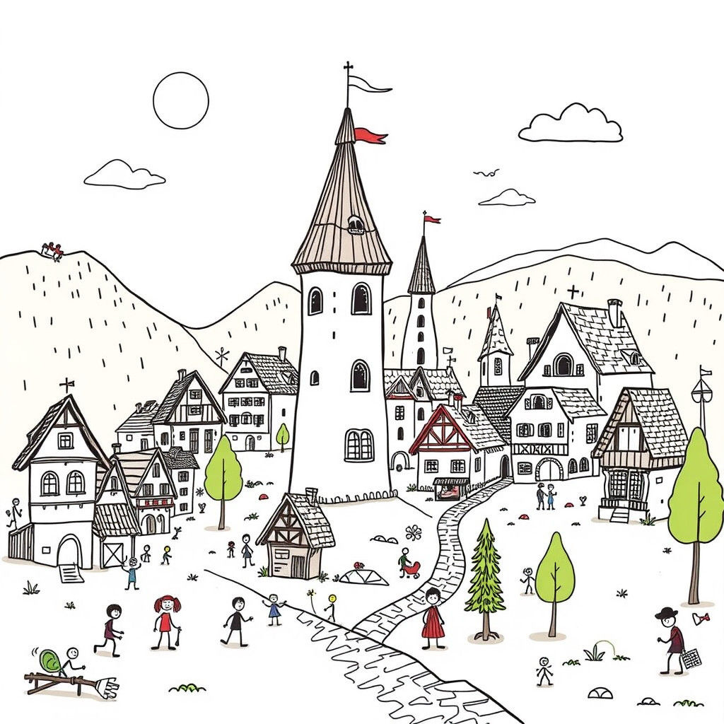 Doodle-Filled Medieval Village Inspired by Otl Aicher
