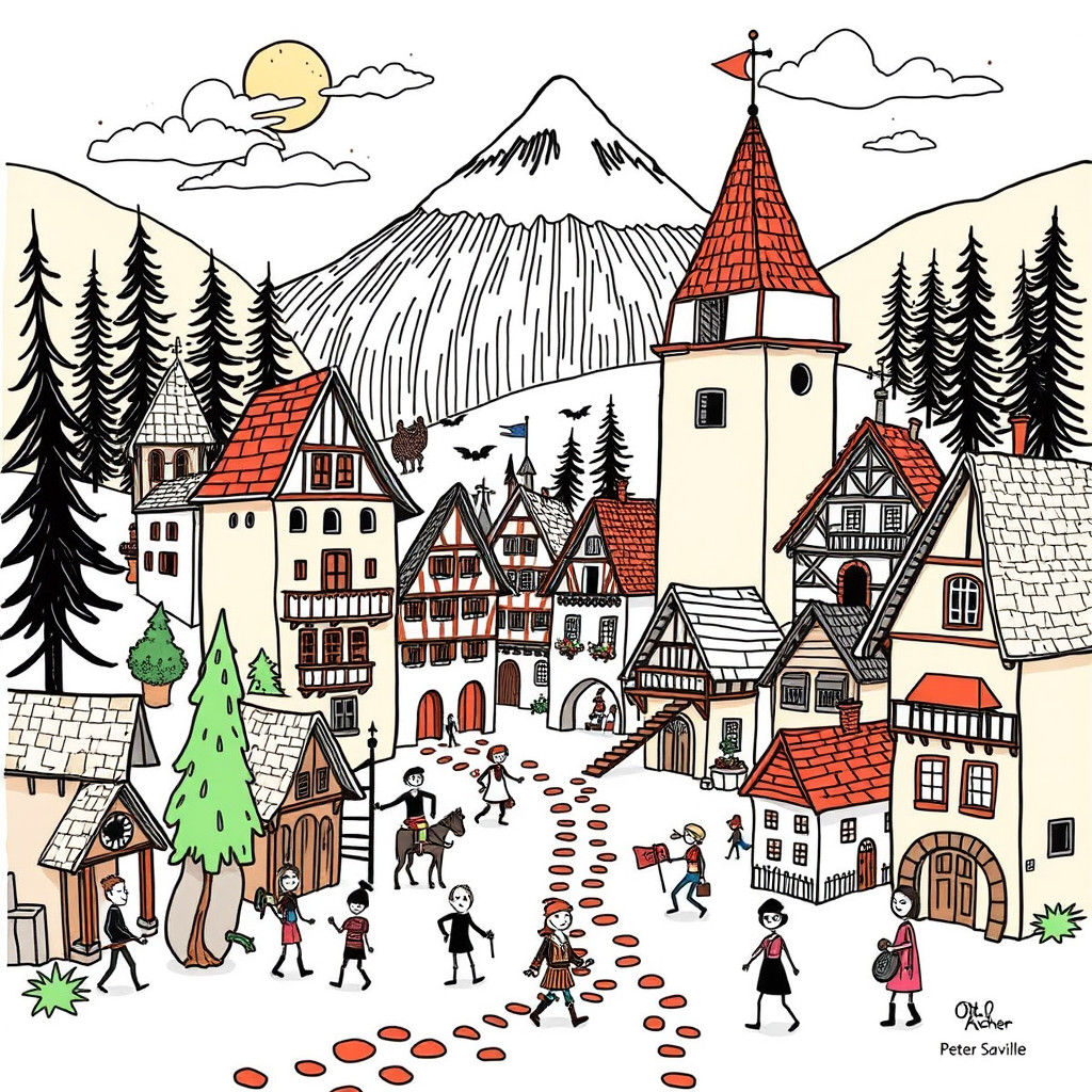 Doodle-Filled Medieval Village: Playful Graphic Design