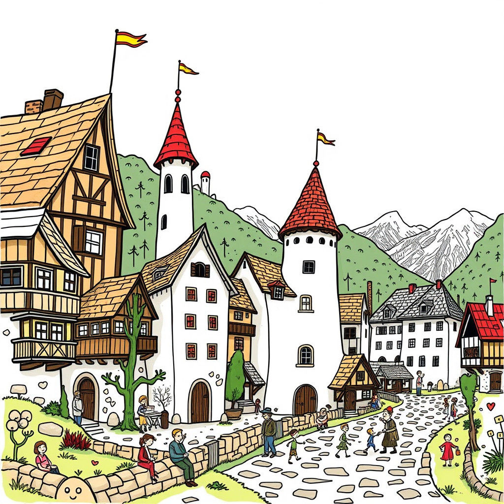 Doodle-Filled Medieval Alpine Village Illustration