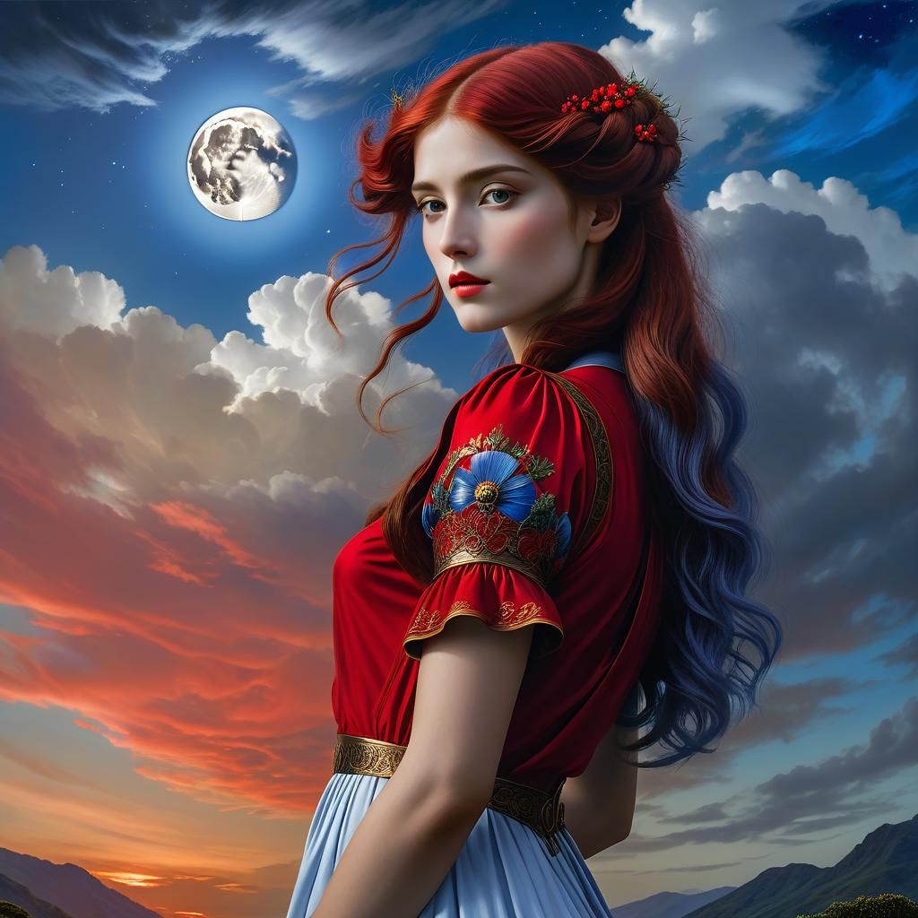 Woman in Red Under Moonlight: Expressionist Illustration