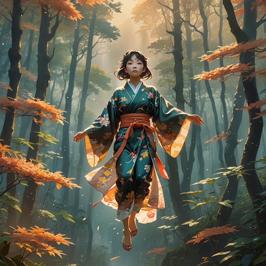 Girl in Kimono Floating in Misty Forest