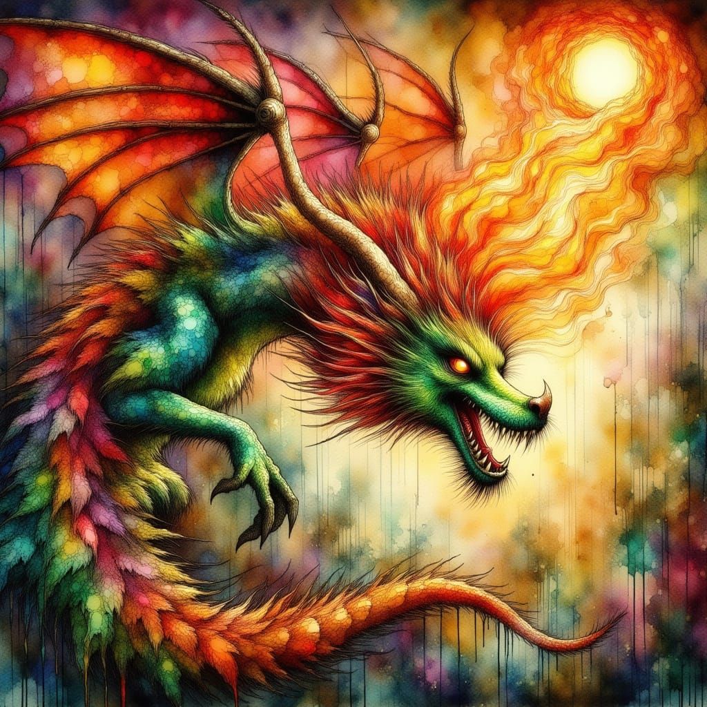 Colorful Dragon Exhaling Flames in Expressionist Style