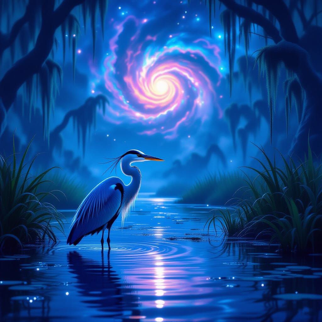 Majestic Heron in Bioluminescent Swamp Under Nebula