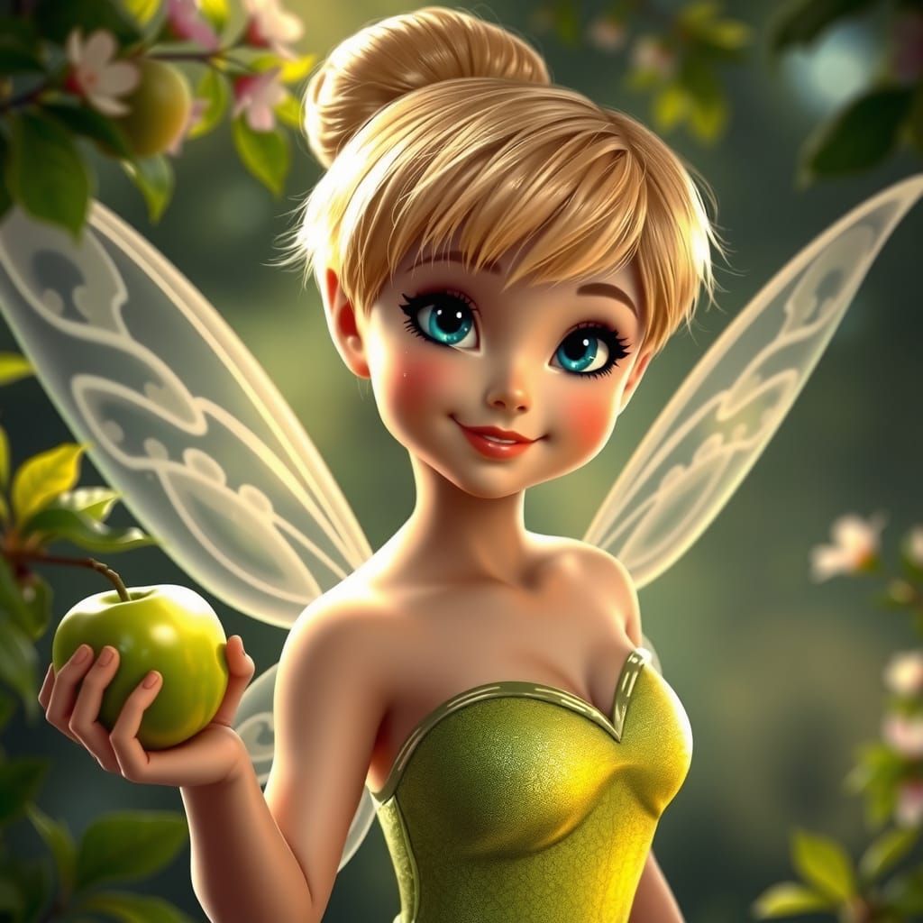 Tinkerbell Picking Apple in Summer Orchard