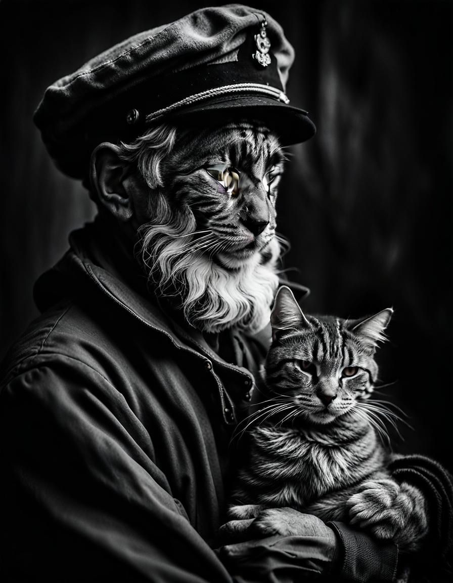 Old Sailor and Tabby Cat Portrait