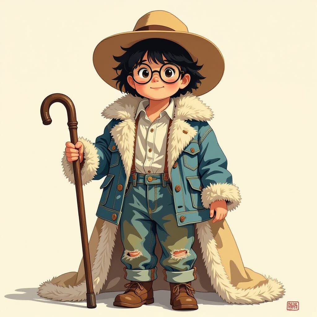 Whimsical Child in Fluffy Coat with Cane, Beatrix Potter Sty...