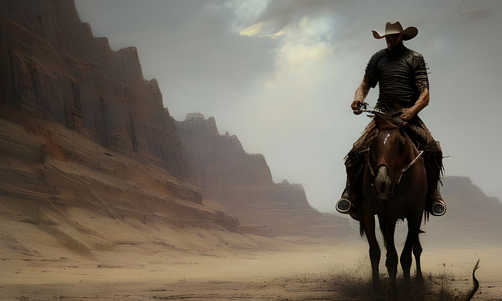 Detailed Cowboy on Mustang, Hyperrealistic Portrait