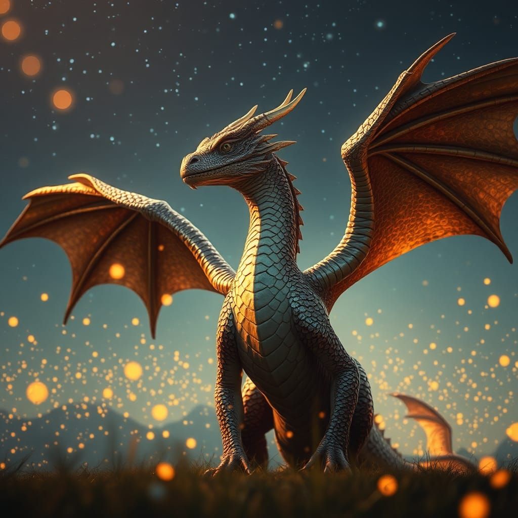 Iridescent Dragon in Starry Sky: Cinematic Still