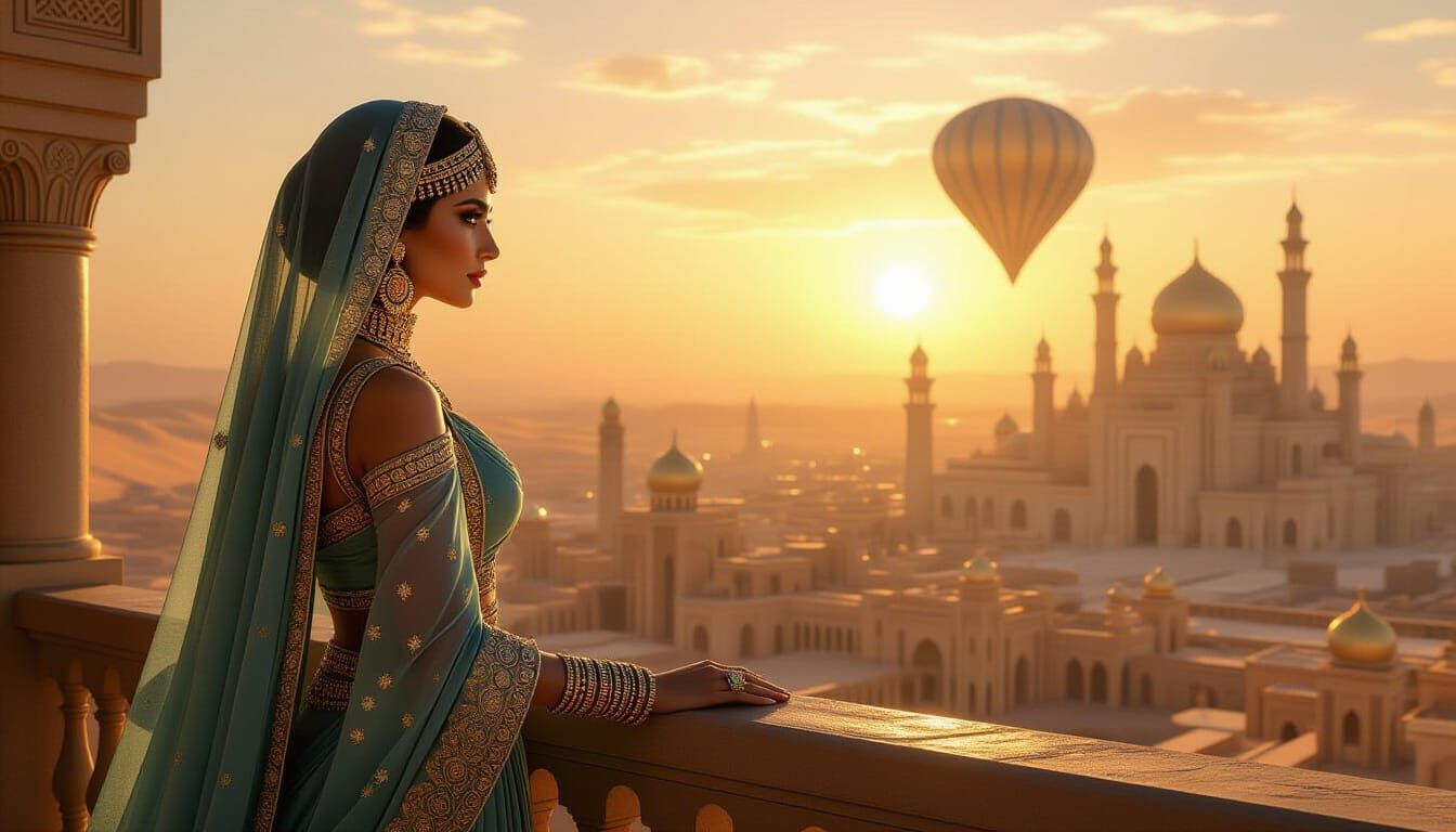 Arab Princess Overlooking Fantastical Desert City