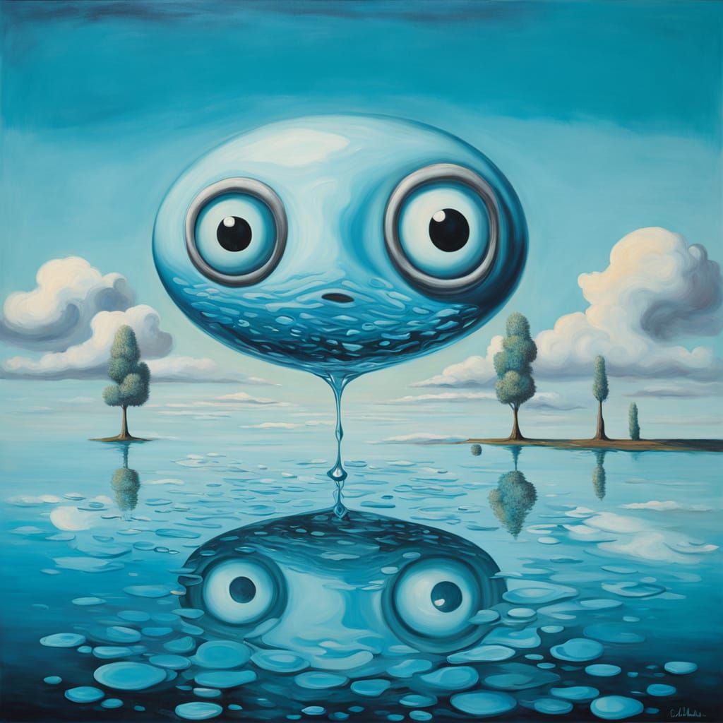 Surreal Landscape with Floating Googly Eyes in Blue and Turq...