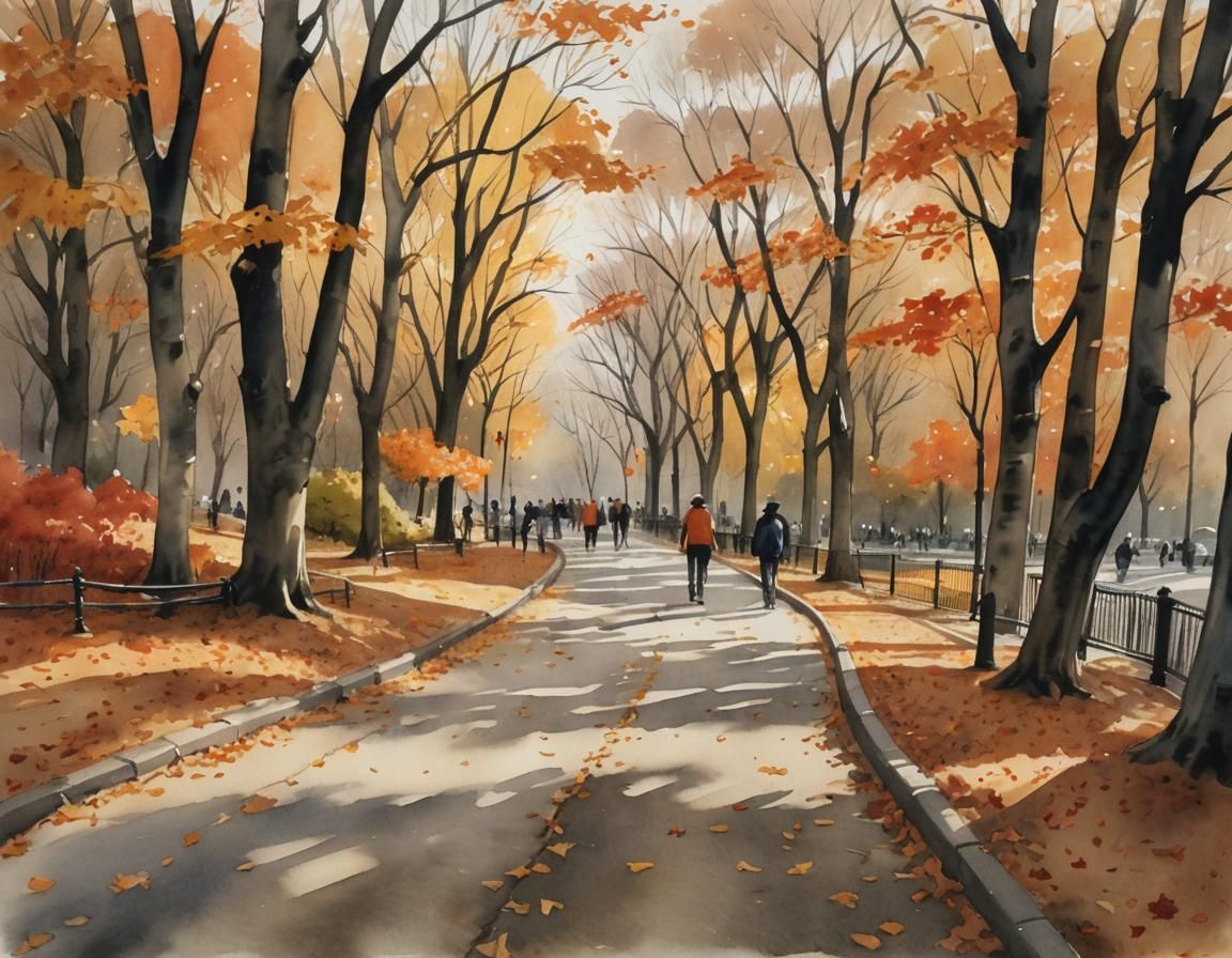 Autumn in Central Park: Watercolor Ink Wash