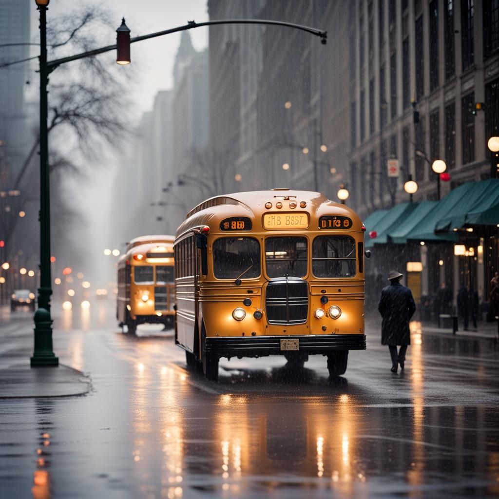 City Bus on Rain-Soaked Chicago Street, 1950s