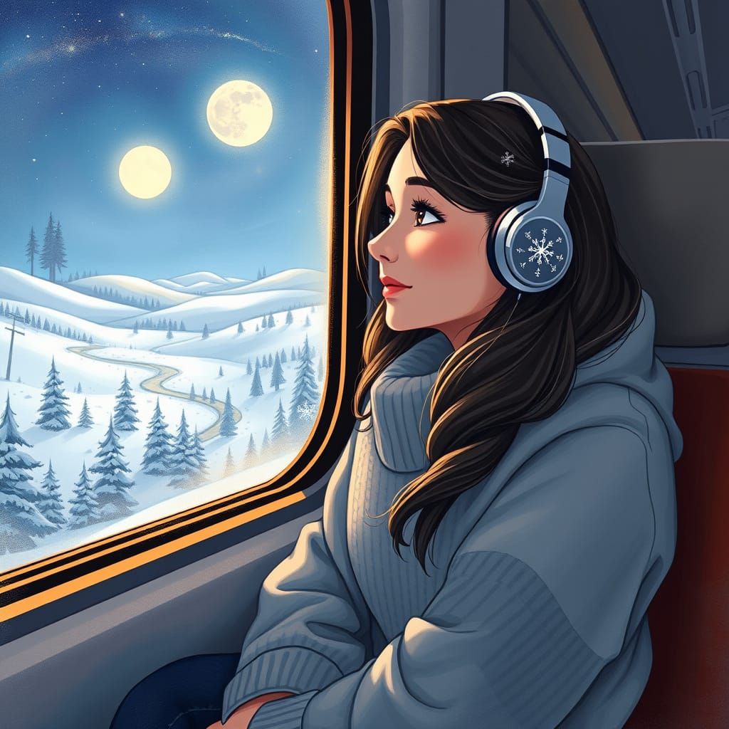 Serene Young Woman Lost in Winter Wonderland