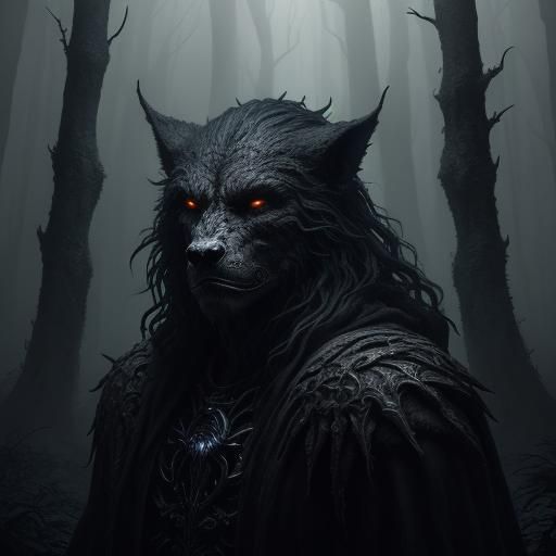 Dark Fantasy Werewolf in Misty Forest Illustration