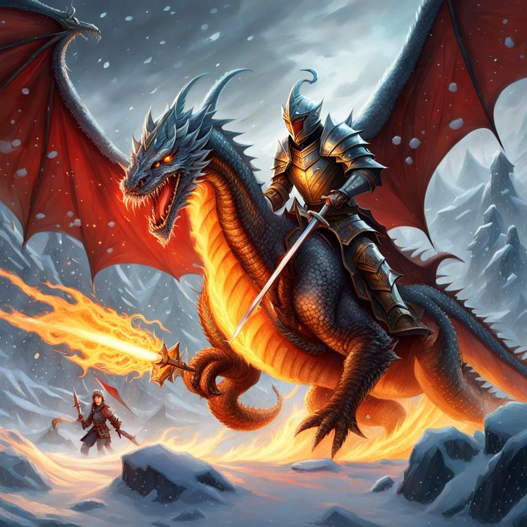 Knight on Dragon Battling Ice Demon in Snowstorm