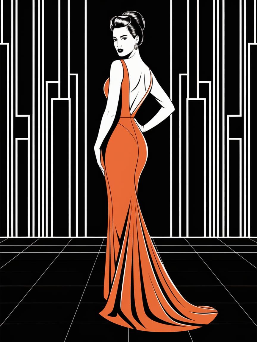 Elegant Woman in Orange Gown, Minimalist Vector Art