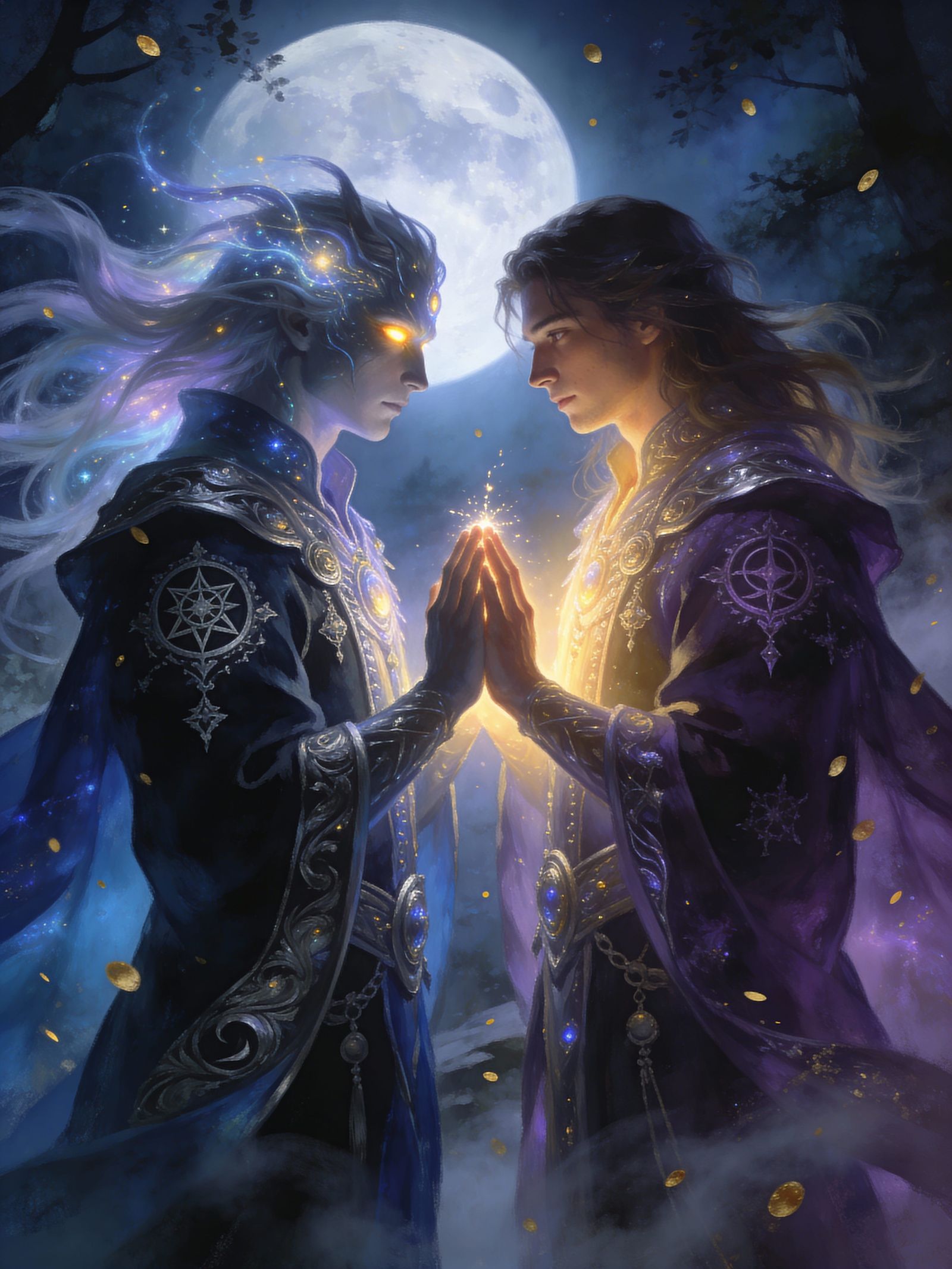 Ethereal Lovers in Enchanted Forest Under Moonlit Sky