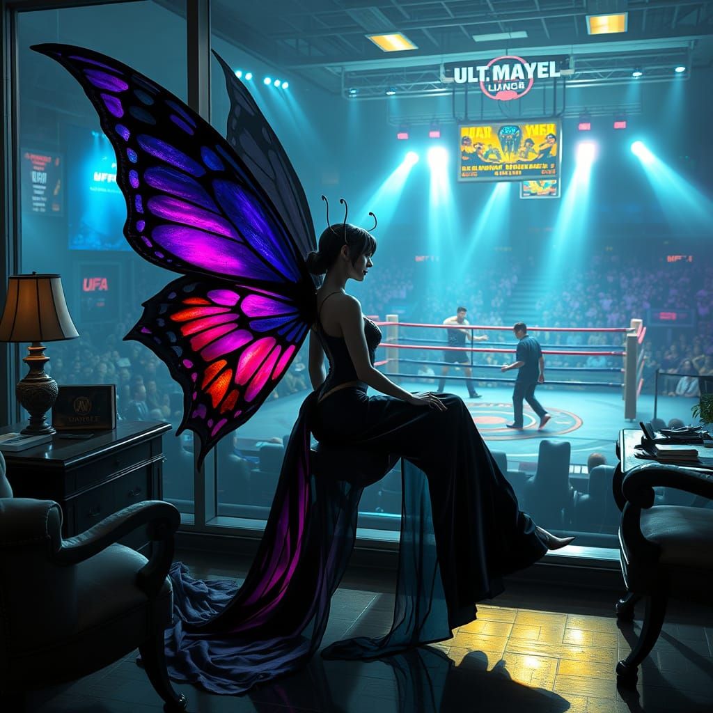 Dark Fairy Overlooking MMA Fight in Fantasy Art Style