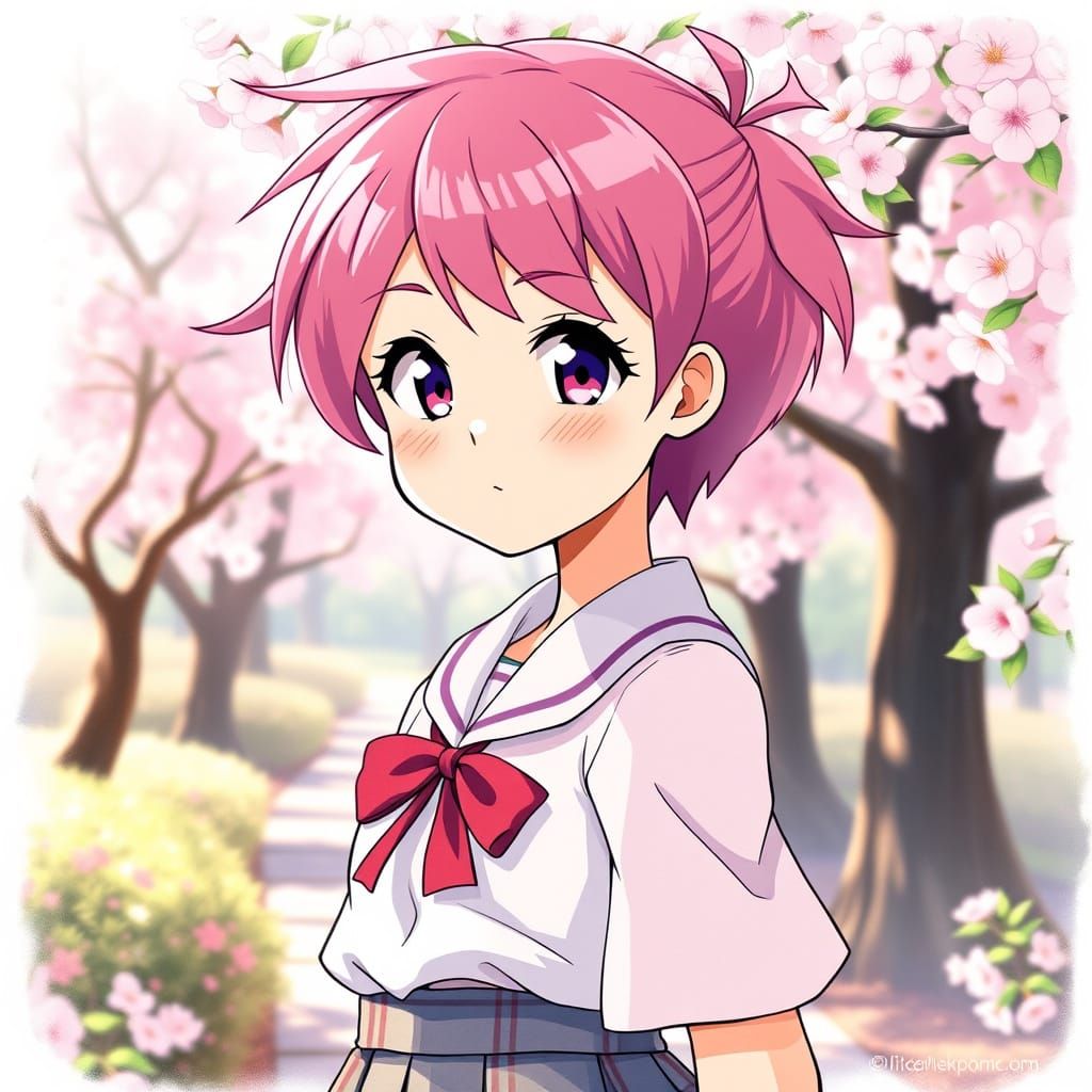 Vibrant Anime Girl in Cherry Blossom Garden