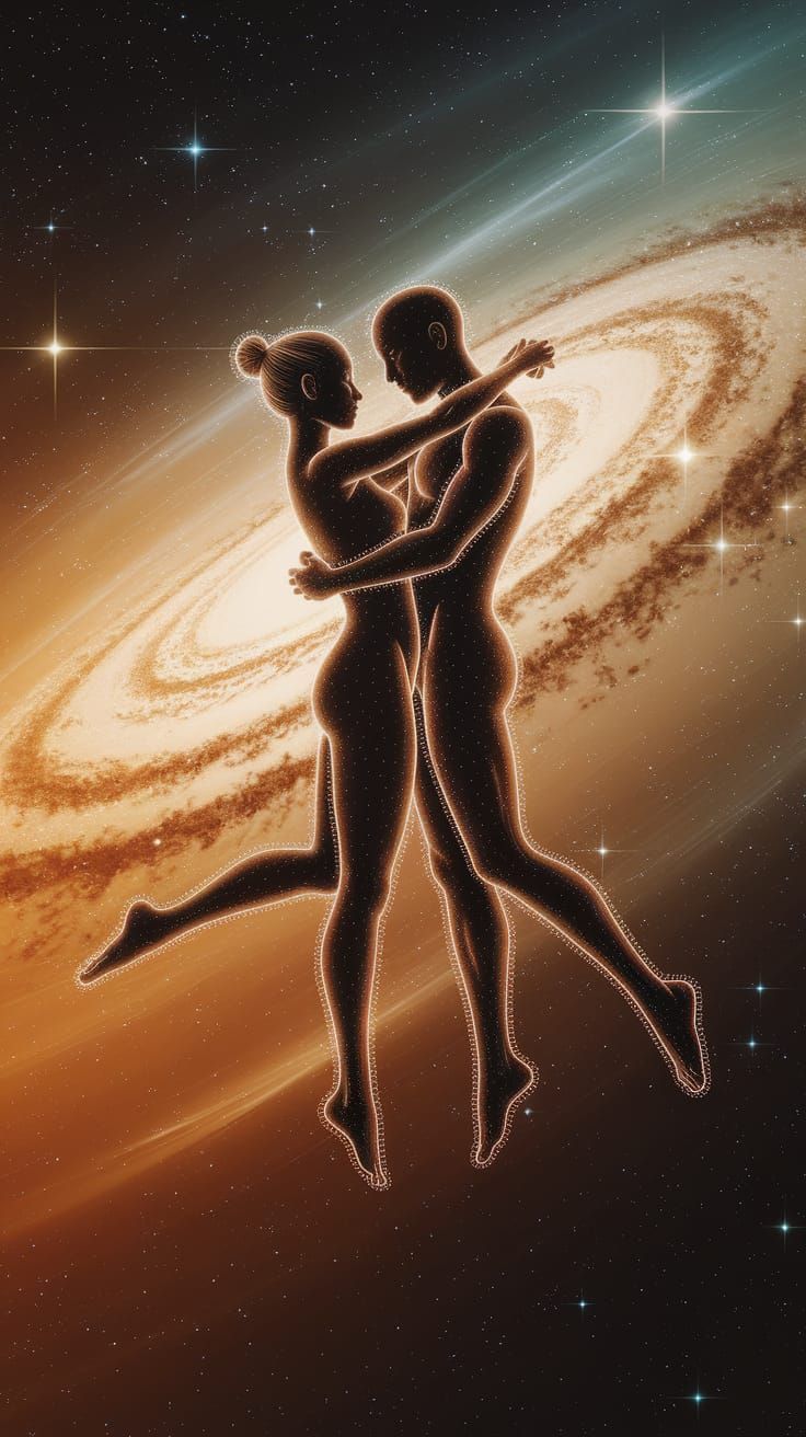 Celestial Dance: Ethereal Figures Embrace in Cosmic Art