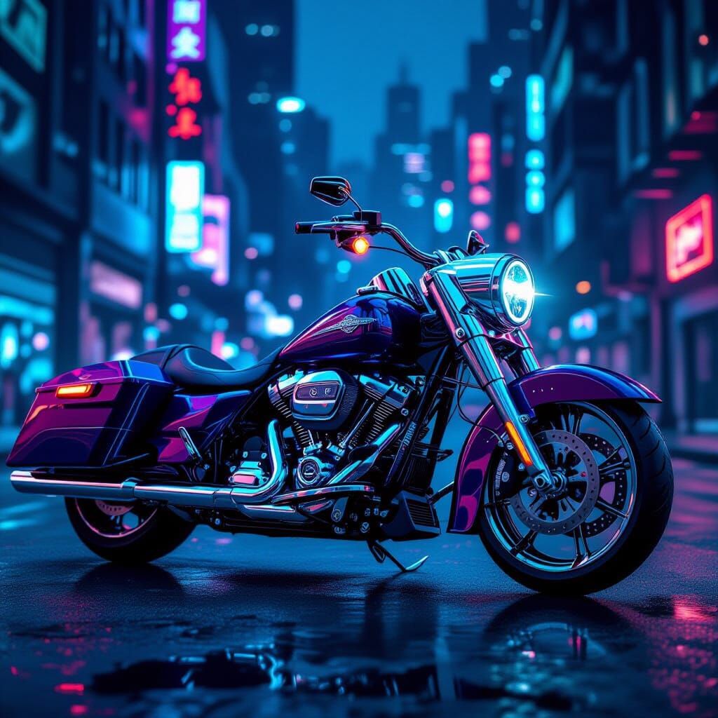 Futuristic Chrome Harley Bagger in Cyberpunk City