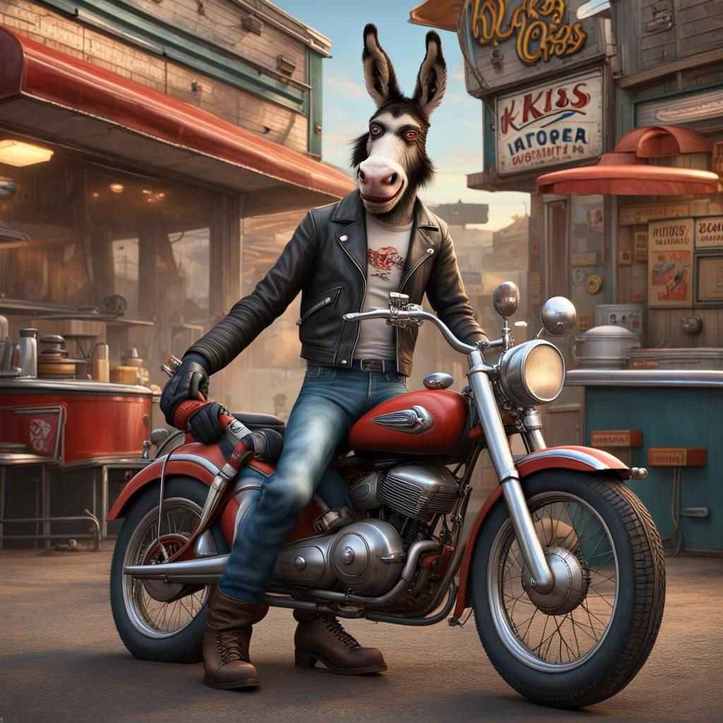 An Anthropomorphic 1950's motorcycle diner, A donkey wearing...