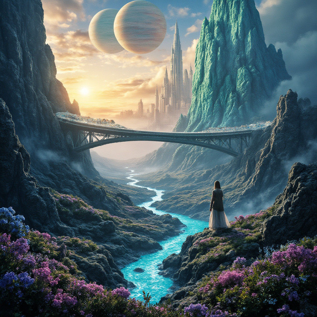 Iridescent Crystal Mountains and Futuristic Metropolis