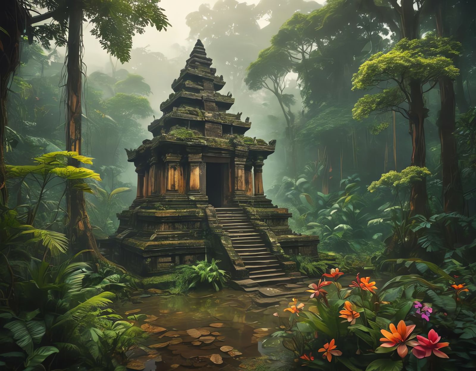 Majestic Temple in Rainforest, Hyperrealistic Landscape Art