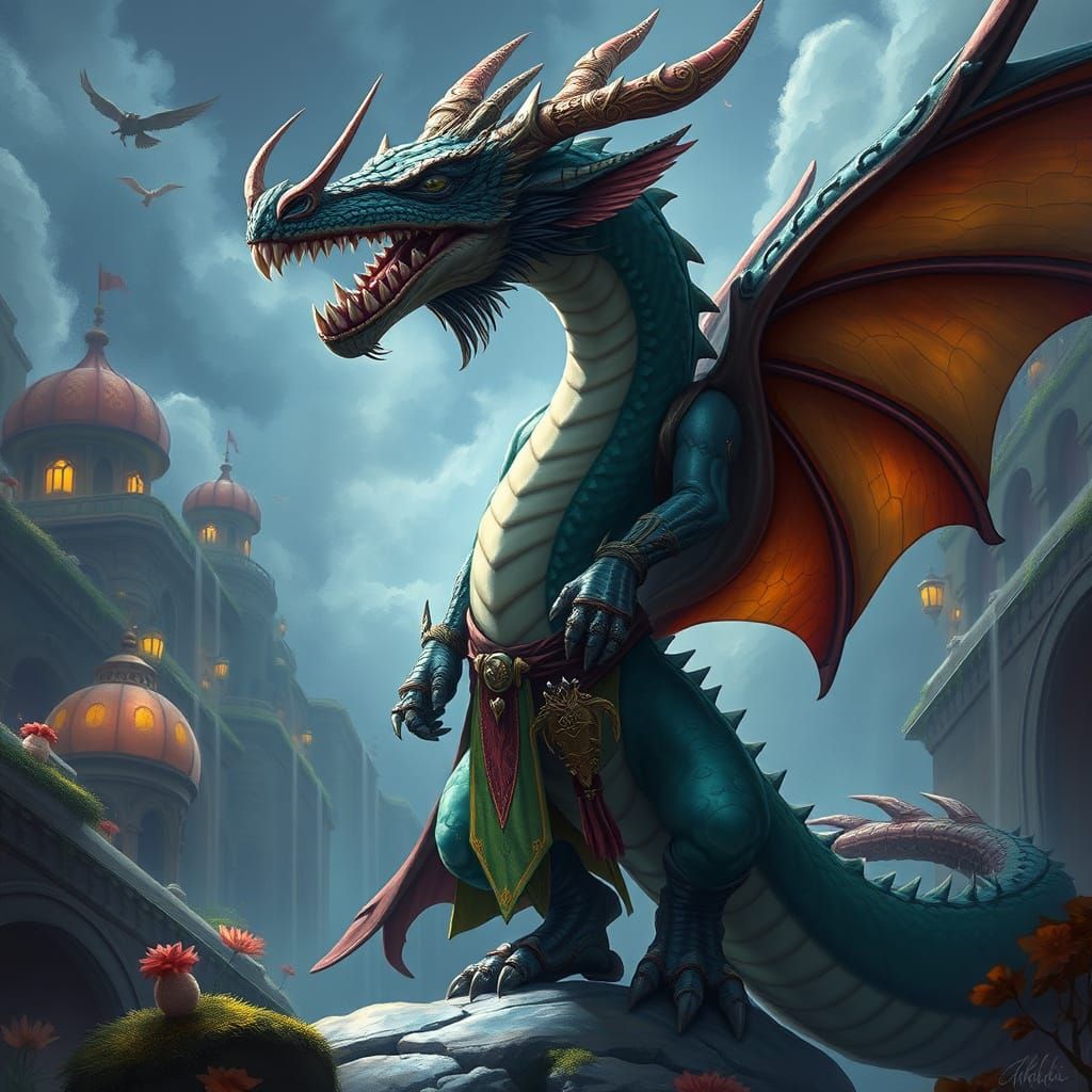 Majestic Dragonfolk in Detailed Matte Painting Style