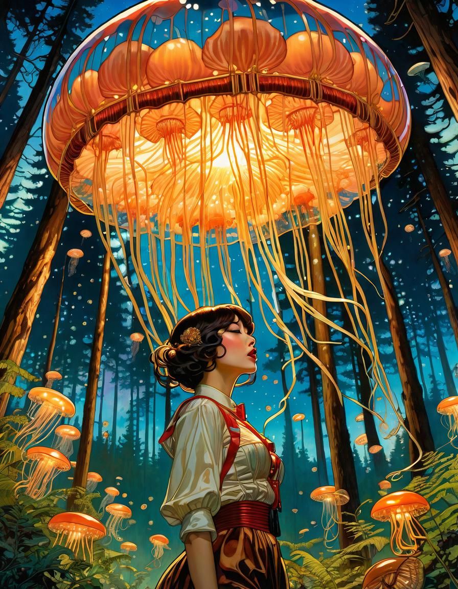 Woman Among Glowing Jellyfish in Forest at Night