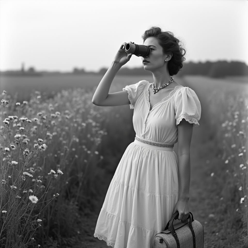 Monochrome Photo of Woman with Binoculars and Suitcase