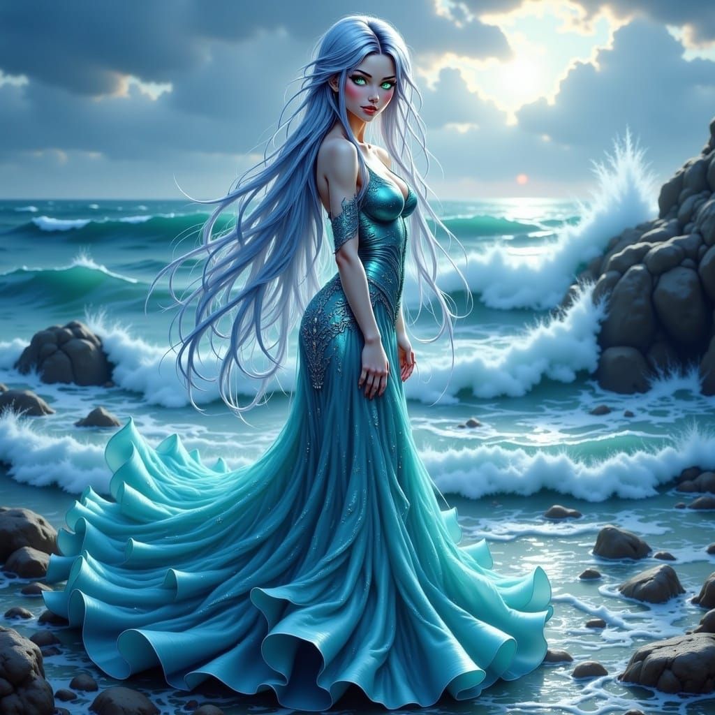 Anime Mermaid Portrait with Silver Hair and Blue Dress