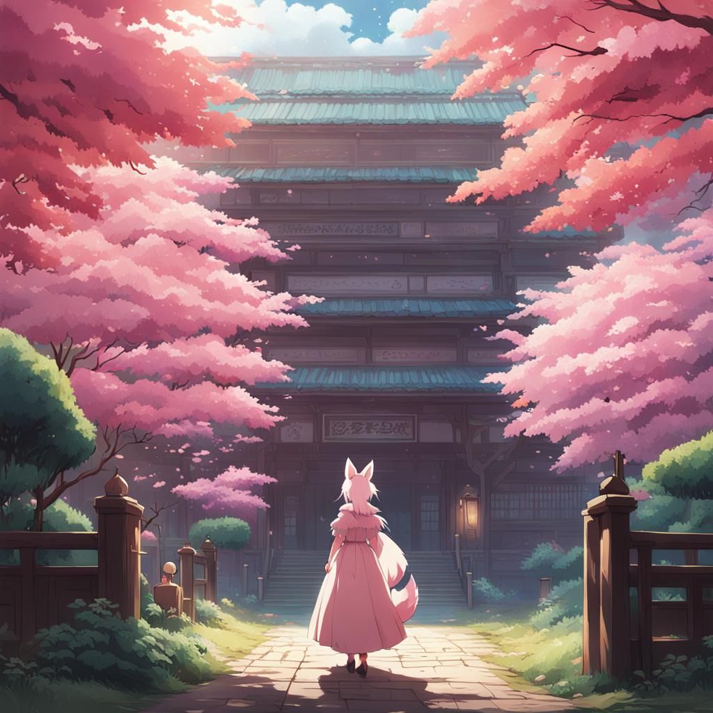 Anime Fox Girl with Pink Dress and Headdress