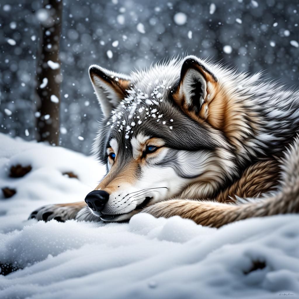 Cute Baby Wolf Sleeping in Snowy Scene