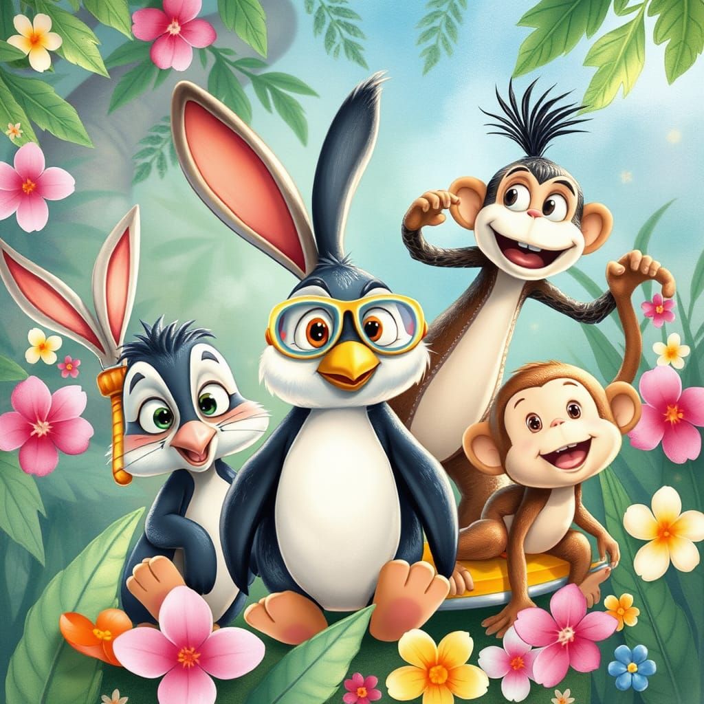 Playful Cartoon Menagerie in Whimsical Watercolor Style