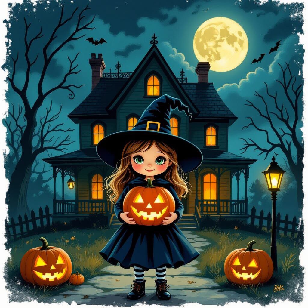 Cute Witch Girl with Jack-o'-Lantern by Haunted House