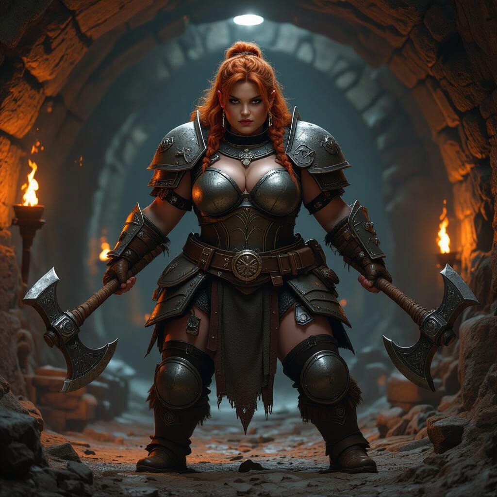 Female Dwarf Warrior in a Mine with Two Axes