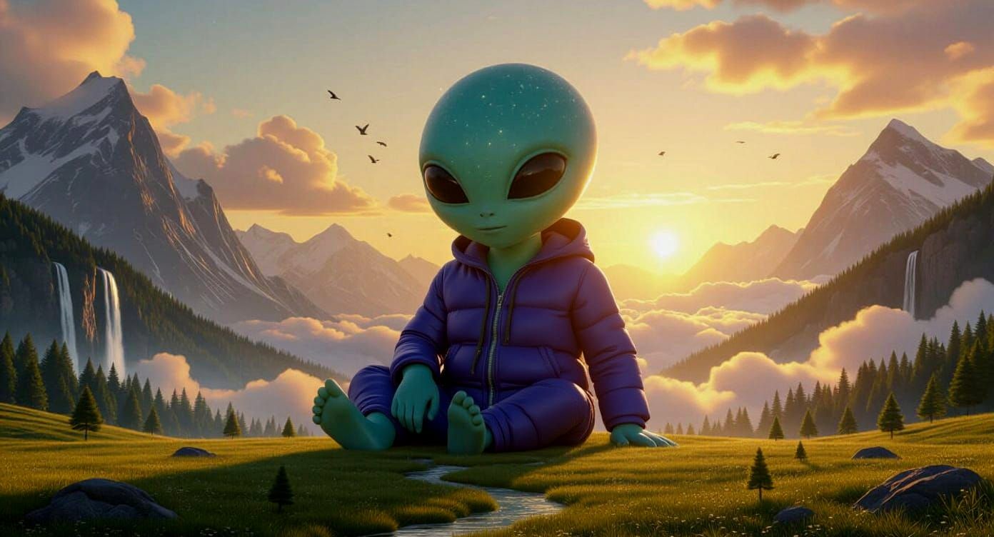 Serene Colossal Alien Over Peaceful Landscape