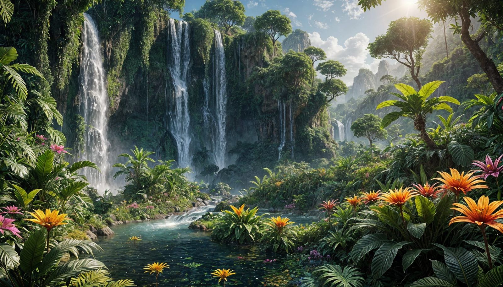 Lush Jungle Alien Landscape with Terraced Waterfalls and Flo...