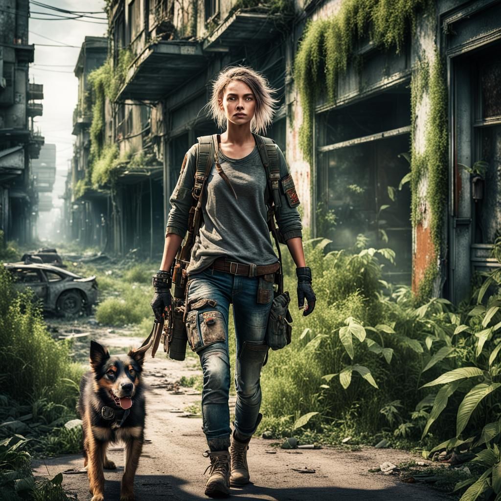 Woman and Dog in Abandoned Post-Apocalyptic City