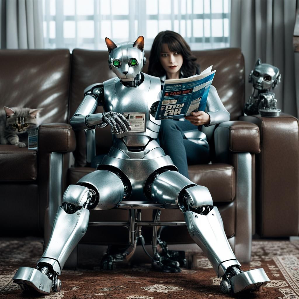 Two-Headed Robot Reading Newspaper in Sci-Fi Room
