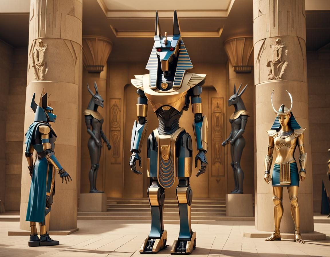 Clockwork Robot Meets Anubis Statues in Cyberpunk Style